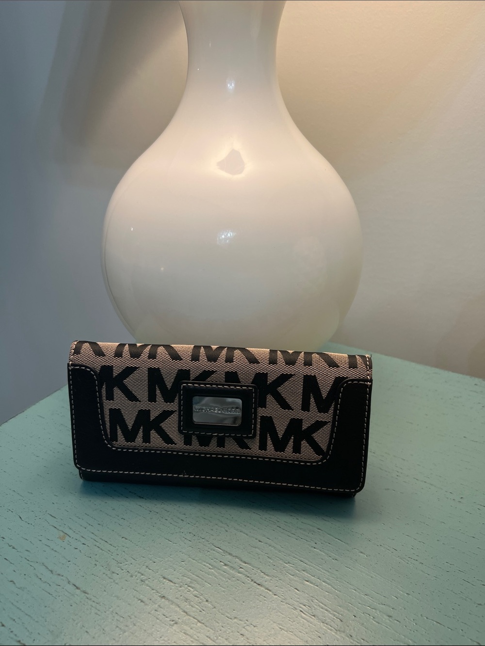 Michael Kors Beige and Black MK Logo Continental Wallet
